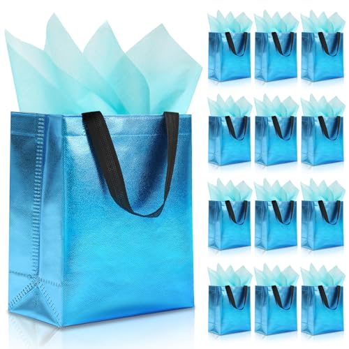KeerxunBag Cyan Gift Bags - 12pk - Reusable - With Inner Liner Paper - color: cyan