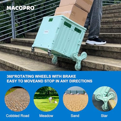 MACOPRO Foldable Utility Cart with Stair Climbing Wheels, Collapsible Rolling Crate with Telescoping Handle, Shopping Trolle Handcart Grocery Book File Tool Art Supplies Teacher Storage Basket(Green) - color: Green