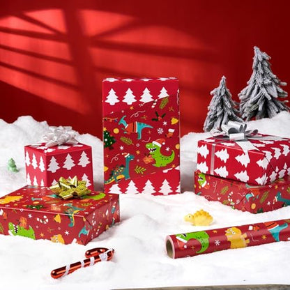 WERNNSAI Dinosaur Christmas Wrapping Paper Jumbo Roll 33 ft Cute Dino Kids - color: Christmas Dinosaur A