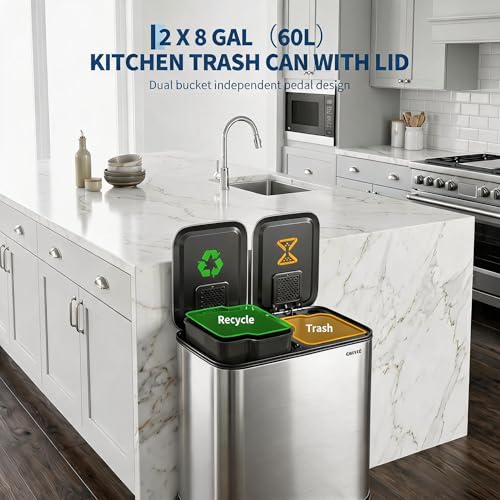 2x8 Gal Dual Compartment Stainless Steel Kitchen Trash Can with Lid, 30L+30L Recycling Garbage Bin, Soft Close Foot Pedal Trash Bin with 2 Removable Inner Buckets, Fingerprint Resistant for Home Offic - color: Stainless Steel, size: 2x8 Gal