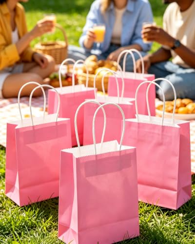 qiqee 24PCS Mini Gift Bag with Handles Bulk 4.5"x2.5"x6" Gift Bags Pink Bags Multiple Uses - color: Pink