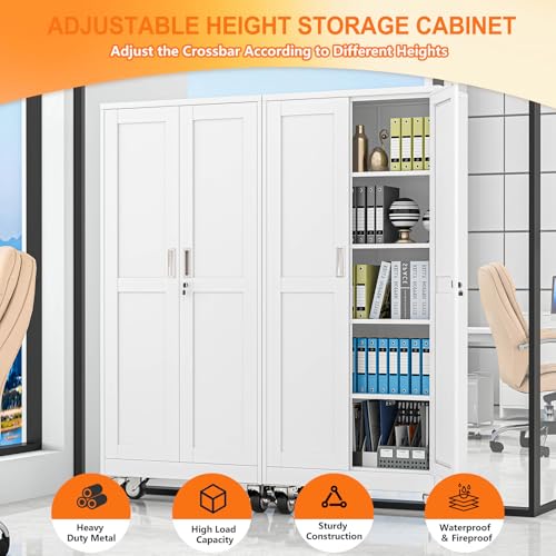 pozdeg 71" White Lockable Rolling Metal Garage Storage Cabinet - color: White, size: 14.96"D x 29.92"W x 71"H