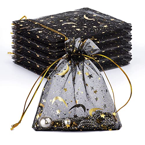 GoClimber 100 PCS 4.0x4.7 Inches Moon Star Printed Orchid Organza Bags, Black Moon and Stars Bag for Make up,Candy, Gifts, Party, Jewelry, Festival, Net Favor Drawstring goody Bags