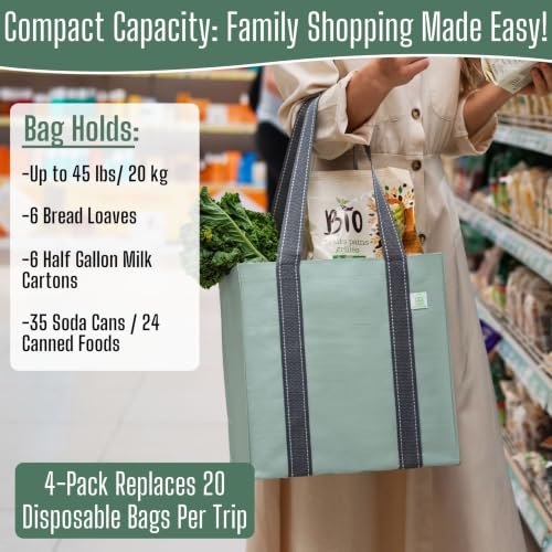 VENO 2/4 Pack Compact Reusable Grocery Shopping Bags with Hard Bottom - color: Light Green