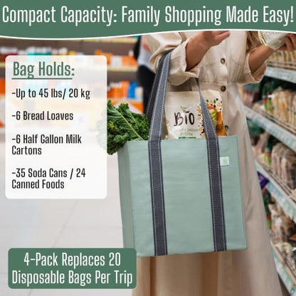 VENO 2/4 Pack Compact Reusable Grocery Shopping Bags with Hard Bottom - color: Light Green