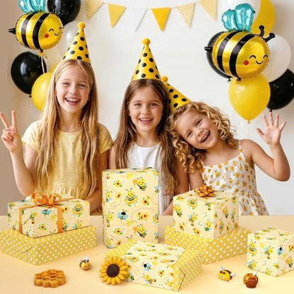 WERNNSAI Bee Daisy Wrapping Paper - 33 ft Honey Bee Wrapping Paper for Kids - color: Bee and Daisy