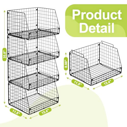 4 Pack XXL Stackable Wire Storage Basket, Extra Large Capacity Pantry Organizer and Storage, Muti-Purpose for Vegetable Fruit Basket & Can Organizer & Snack Rack & Metal Pantry Bin - size: 4 Pack-Wide 15.4"W x 11.8"D
