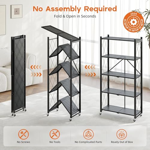 Fenbeli 5-Tier Folding Metal Storage Shelves with Wheels, 750 lb Capacity - color: Black, size: 5 Tier