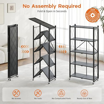 Fenbeli 5-Tier Folding Metal Storage Shelves with Wheels, 750 lb Capacity - color: Black, size: 5 Tier