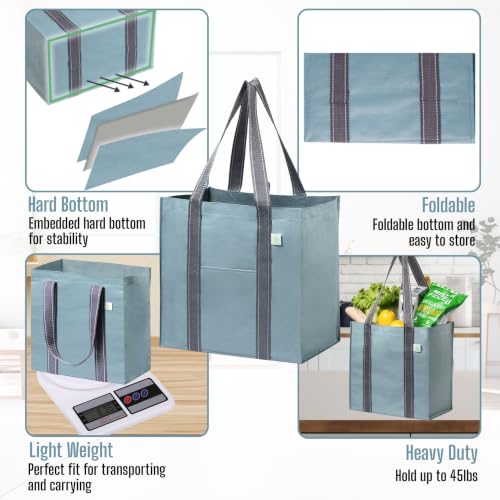 VENO 2/4 Pack Compact Reusable Grocery Shopping Bags with Hard Bottom - color: Light Blue-4 Pack
