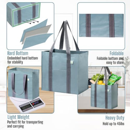 VENO 2/4 Pack Compact Reusable Grocery Shopping Bags with Hard Bottom - color: Light Blue-4 Pack
