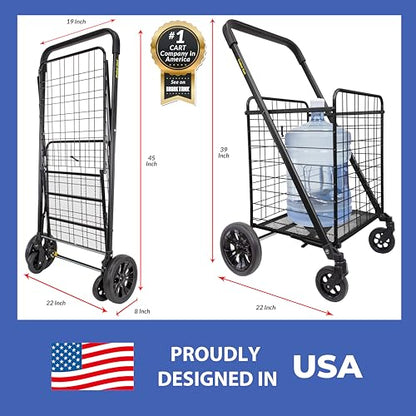 dbest Products Cruiser Cart Deluxe 2 Shopping Grocery Rolling Folding Laundry Basket on Wheels Foldable Utility Trolley Compact Lightweight Collapsible, Black - color: Black, style: Deluxe 2