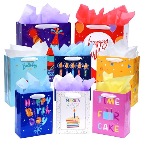 Nihuecne 8 Pack Birthday Gift Bags Assorted Sizes with Tissue Paper
