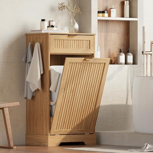 13 Gallons Tilt Out Trash Can Cabinet, Fluted Trash Cabinet, Natural Oak - color: Natural Oak, size: 13 Gallons
