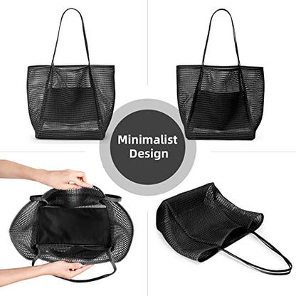 KALIDI Beach Mesh Tote Bag, Casual MAX 23L Summer Foldable Hobo Bag Women - color: Black