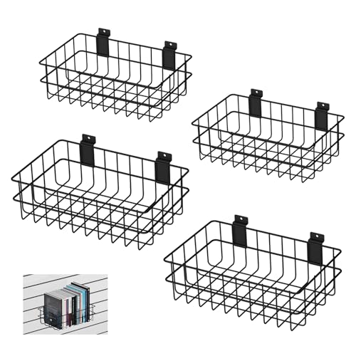 4 Pack Slatwall Baskets Set, Heavy Duty Slatwall Baskets, Metal Slat Wall Shelves Accessories, 2 PCs 13 x 8 x 4 Inch, 2 PCs 12.4 x 6.5 x 4 Inch, Black
