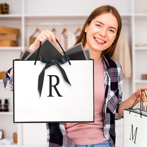 QLSKO Monogrammed Gift Wrap Bag Personalized Initial Paper Bag with Card Matching Envelope Sticker,Bow Ribbon and Wrapping Tissue Birthday Gifts for Women Men (White, R-Medium) - size: R-Medium