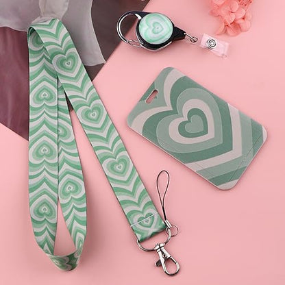 Cute Green Heart Lanyard with ID Badge Holder Retractable Reel Clip Aesthetic Valentines Girls Women Lanyard with ID Card Holder for Keys Preppy Neck Lanyard for School Office - color: Green Heart