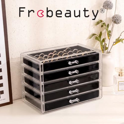 Frebeauty Extra Large Acrylic Jewelry Box for Women 5 Layers Clear Jewelry Organizer Velvet Earring Box with 5 Drawers Rings Display Case Necklaces Holder Tray for Women Girls (Black) - color: Black