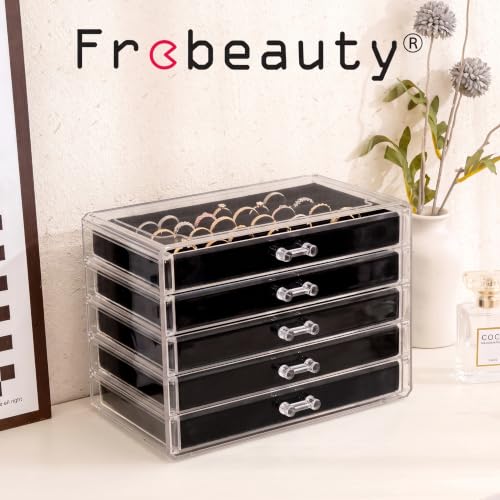 Frebeauty Extra Large Acrylic Jewelry Box for Women 5 Layers Clear Jewelry Organizer Velvet Earring Box with 5 Drawers Rings Display Case Necklaces Holder Tray for Women Girls (Black) - color: Black
