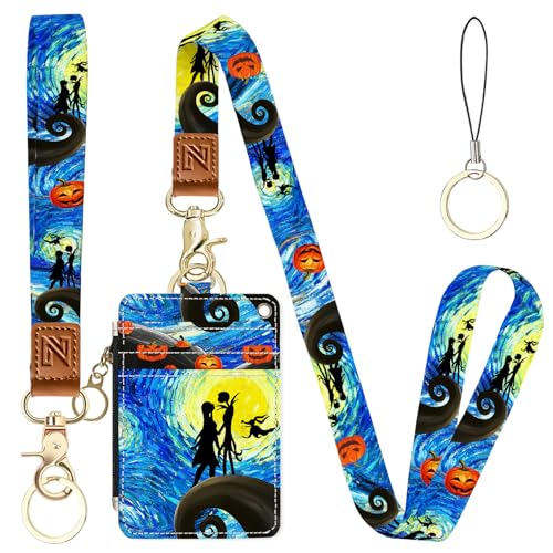 2-in-1 ID Badge Holder & Lanyard Wallet，Cute Zippered Pouch Halloween - color: Halloween