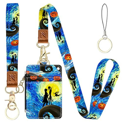 2-in-1 ID Badge Holder & Lanyard Wallet，Cute Zippered Pouch Halloween - color: Halloween