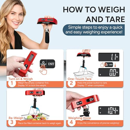 travel inspira Digital Luggage Scale – Portable Hanging Suitcase Weight Scale for Travel, 110 lb Capacity, Backlit LCD Display, Prevents Airport Overweight Fees, Battery Included - color: Red