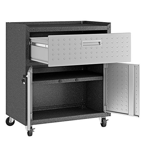 Manhattan Comfort Fortress Textured Metal 31.5" Garage Mobile Cabinet with 1 Full Extension Drawer and 2 Adjustable Shelves, Black/Gray - color: Black/Grey, style: Storage Cabinet