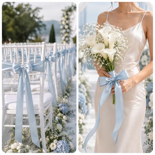 KINGLAKE Double Faced Dusty Blue Satin Ribbon - 1-1/2 Inch x 50 Yards - color: Dusty Blue