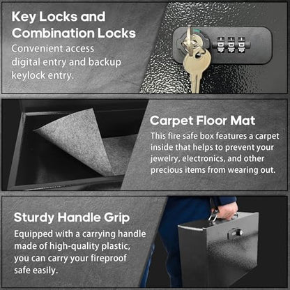 YIYITOOLS Fireproof Lock Box, Dual Combination & Key Lock Safe Box, Black