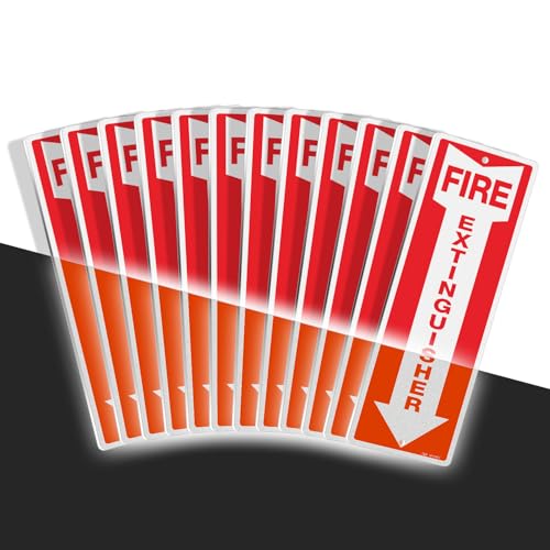 T&R Metal Fire Extinguisher Sign - 12 Pack - 12"x4" .040 Rust Free Heavy Aluminum, Reflective, Waterproof, Weatherproof and Fade Resistant, 2 pre-drilled holes, Easy to Install Indoors and Outdoors - color: RED - 12" x 4" - 12 Pack - Metal