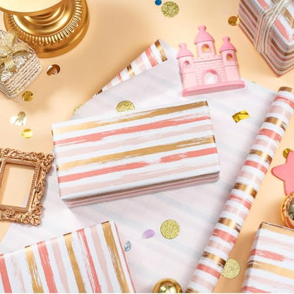 LeZakaa Pink Wrapping Paper Roll, Pink Striped Metallic Foil Gift Wrap for Baby Girl, Christmas, Birthday, Bridal Shower, Wedding Presents, with Gridlines, Mini Roll 17 in x 9.8 ft - color: Z-Gold Stripes, size: 17" X 9.8 ft