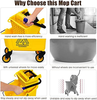 Goplus Commercial Mop Bucket Side Press Wringer Cleaning Caddy with 35 Quart Larger Capacity, Yellow - size: 1 Count (Pack of 1)