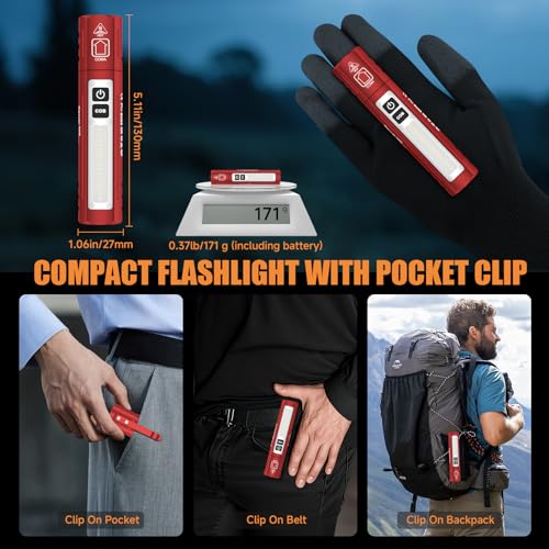 Rechargeable Magnetic Small Powerful Flashlights, Bright Pocket Flashlight - color: Red