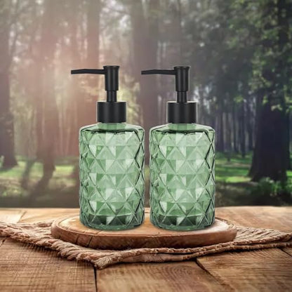 Green Glass Soap Dispenser with Pump, 12 oz Refillable Soap Dispenser, Diamond Textured Hand & Dish Soap Bottle for Bathroom, Kitchen, Lotion & Shower Gel - color: Diamond Green