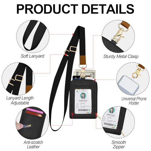 Lanyards Wallets for ID Badge Holder, ID Case with Zipper, Credit Card Holder for Women, Detachable Neck Lanyard Wrist Strap with Keychain Phone Holder for Teacher Student Gifts Black - color: Black