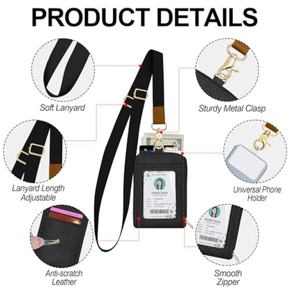 Lanyards Wallets for ID Badge Holder, ID Case with Zipper, Credit Card Holder for Women, Detachable Neck Lanyard Wrist Strap with Keychain Phone Holder for Teacher Student Gifts Black - color: Black