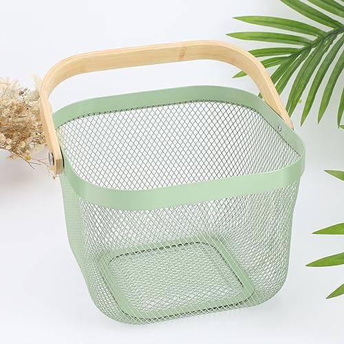 AJIODA Metal Mesh Steel Basket, Storage Organizer Basket Multi-functional Hanging Kitchen Basket Fruit Basket Bin with Bamboo Handle, 9.84 x 10.2 x 7 inch, Mint Green - color: Mint Green