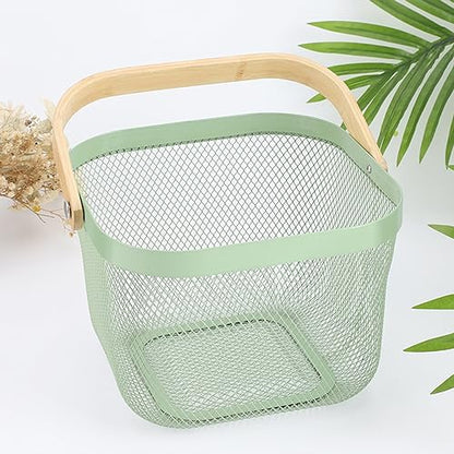 AJIODA Metal Mesh Steel Basket, Storage Organizer Basket Multi-functional Hanging Kitchen Basket Fruit Basket Bin with Bamboo Handle, 9.84 x 10.2 x 7 inch, Mint Green - color: Mint Green