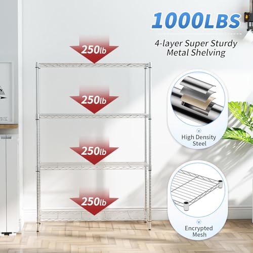BestOffice | 4-Tier Wire Shelf | 36" x 14" x 54" | Chrome - color: Chrome, size: 36"D x 14"W x 54"H