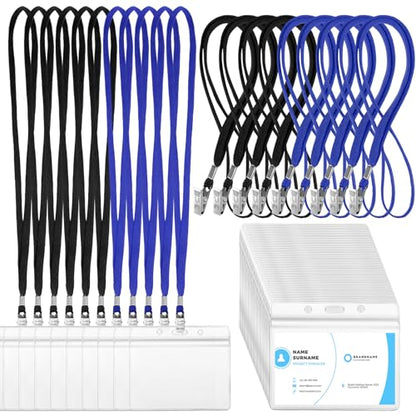 Marspark 100 Sets 4"x3" Name Badge Holder with Lanyard Bulk, Black, Blue - color: Black, Blue