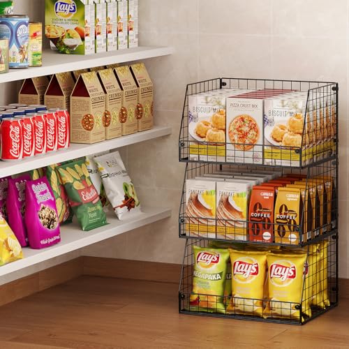 3 Pack XXL Stackable Wire Baskets, Large Storage Bins for Onion, Potato, Vegetable, Fruit, Snack, Pantry Baskets for Kitchen Cabinet Countertop, Pantry Organizers and Storage Solutions - size: 3 Pack-Wide 15.4"W x 11.8"D