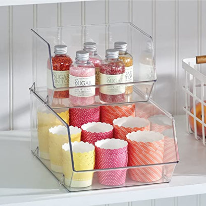 mDesign Plastic Open Front Food Storage Bin for Kitchen Cabinet, Pantry, Shelf, Fridge/Freezer - Organizer for Fruit, Potatoes, Onions, Drinks, Snacks, Pasta - 5" Tall - 4 Pack - Clear