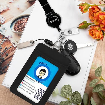 bolimoss Black Leather Badge Holder with Retractable Reel, Quick Release Buckle and Safety Adjustable Breakaway Lanyards with Swivel Metal Clasp Lanyard for Teacher Students Offices Staff Nurse - color: Black
