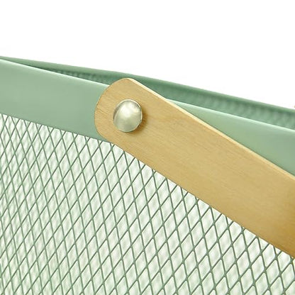 AJIODA Metal Mesh Steel Basket, Storage Organizer Basket Multi-functional Hanging Kitchen Basket Fruit Basket Bin with Bamboo Handle, 9.84 x 10.2 x 7 inch, Mint Green - color: Mint Green