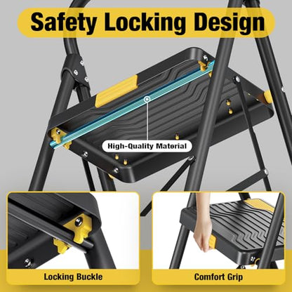 Urackify 2 Step Ladder, Heavy-Duty Pass 800lb Capacity Test, Wide Anti-Slip Steps & Secure Handrail Compact, Folding Step Stool Portable Design for Home, Kitchen, Office, Pantry, Closet Use, Black - size: 2-step