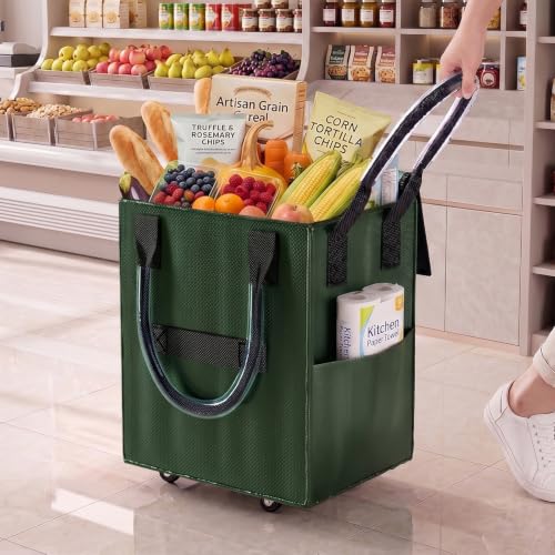 Reusable Grocery Bag on Wheel, Foldable Shopping Cart with Wheels, Can Carry up to 88 Pounds, Suitable for Groceries, Laundry, Camping and Moving. - color: Green -Medium