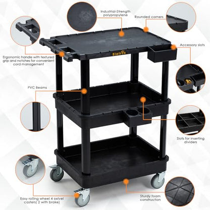 ELAFROS 3-Tier Flat Top & Deep Tub Rolling Utility Cart, 27.5 x 18.25 in