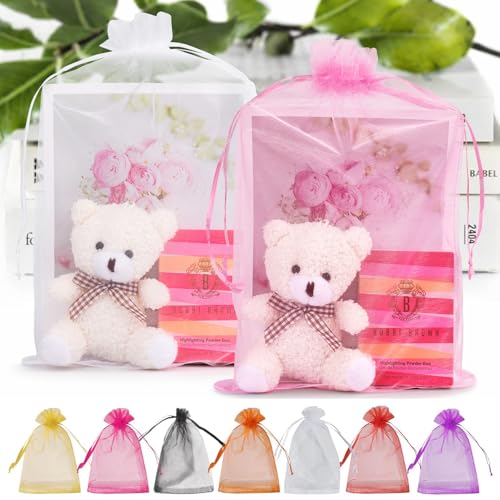 ANZNKU 50 Pcs Large Organza Bags 8x12, Small Mesh Gift Bags Drawstring Bulk - color: Mixed Color