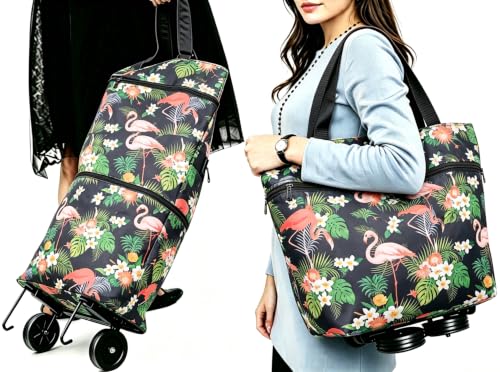 Upgrade Collapsible Shopping Bag with Wheels Portable Shopping Cart with 360° Swivel Wheels Extral Large Tote Bag Reusable Grocery Bag for Travel Shopping and Daily Use(Extral Large Green Birds) - color: Extral Large Green Birds